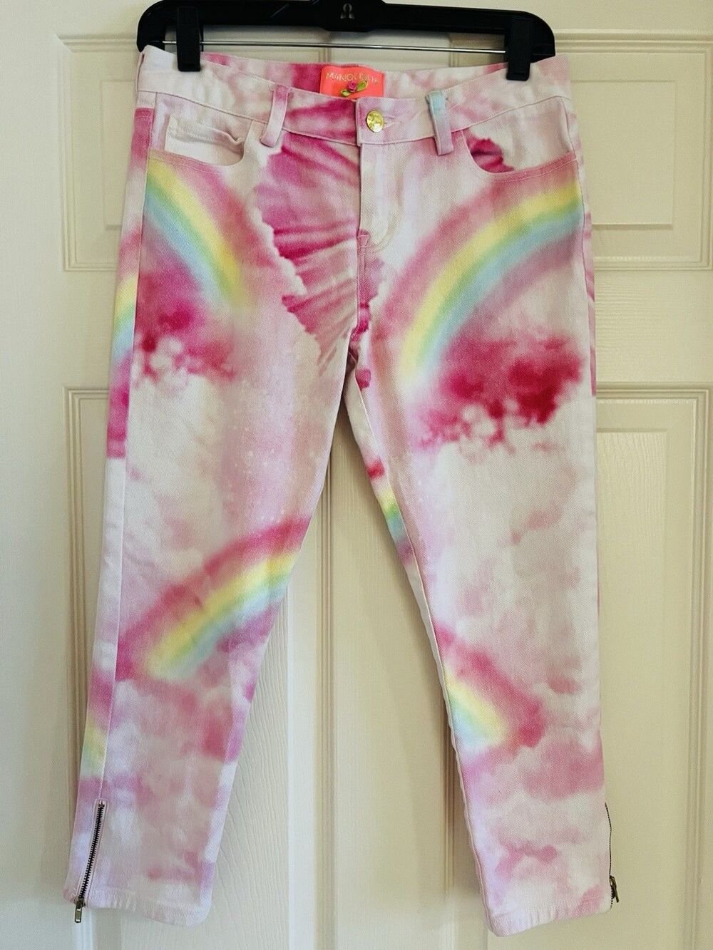MANOUSH Rainbow Denim Tie Dye Cropped Jeans Sz 40,  US 8 / 28 Leg Zip Pink Rare